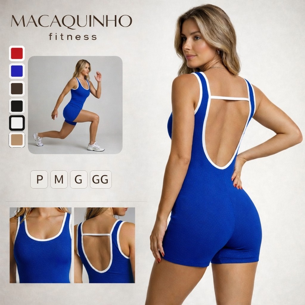 Macaquinho Fitness Bicolor Tiras Feminino Academia Costa aberta Suplex Fita Pilates Yoga