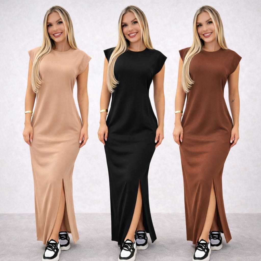 Vestido longo casual basico feminino ribana canelada manga muscle moda gringa preto marrom