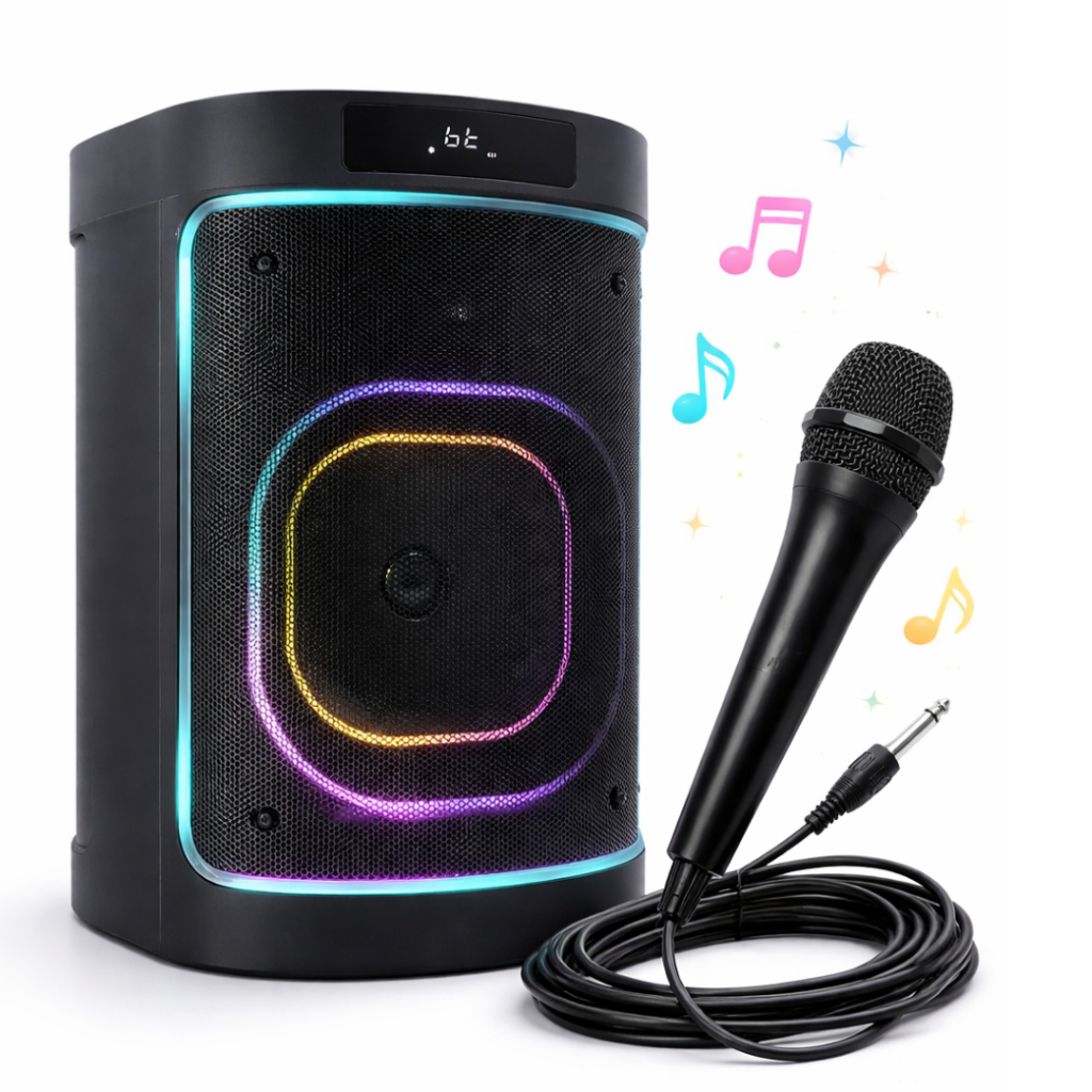 Caixa de Som Amplificada Bluetooth 110W RMS com LED RGB TWS Portátil USB TF AUX Rádio FM Portátil
