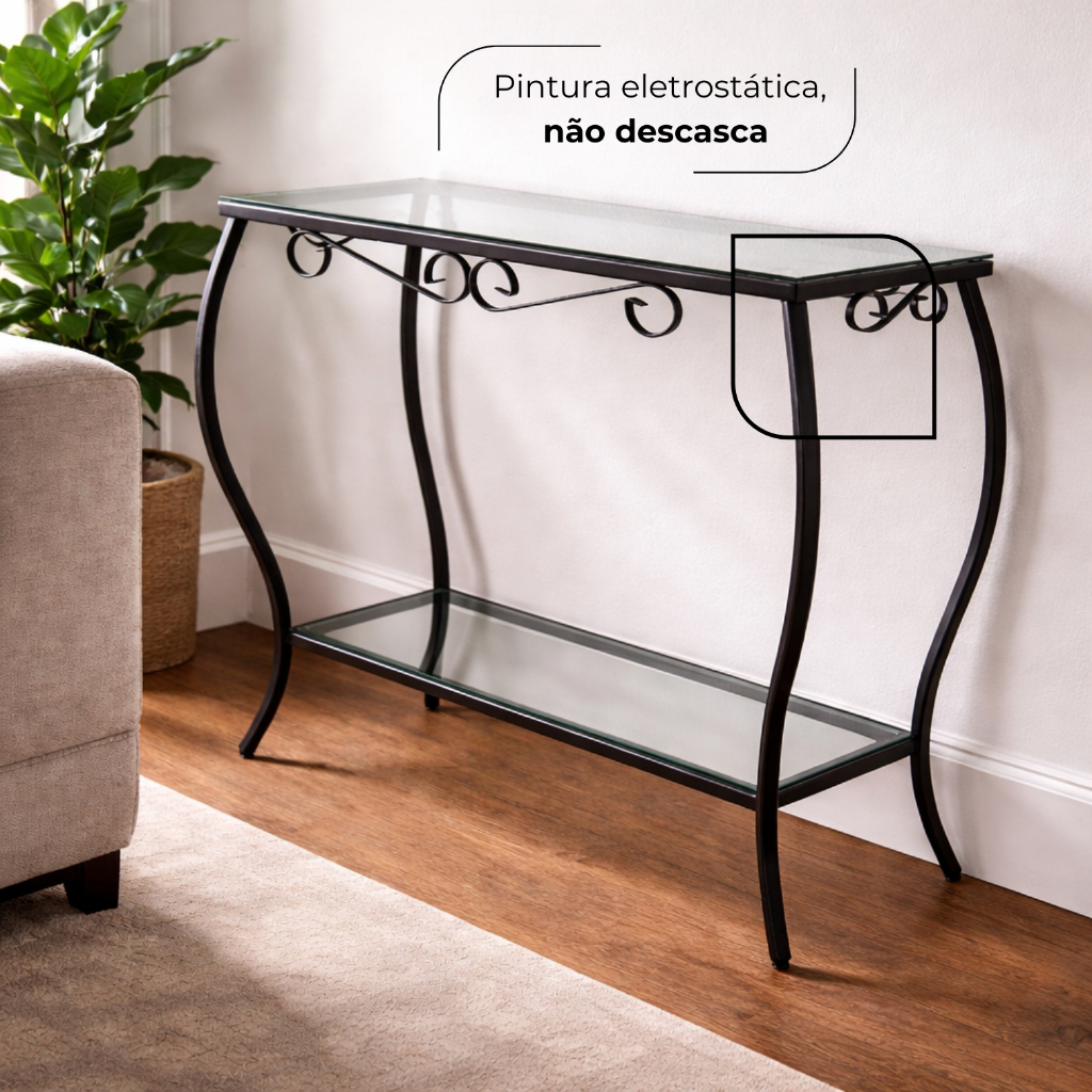 Aparador 60x25 Decorativo Ferro com Vidro Duplo Cantinho do Café Sala Decoração Móveis Hall Entrada