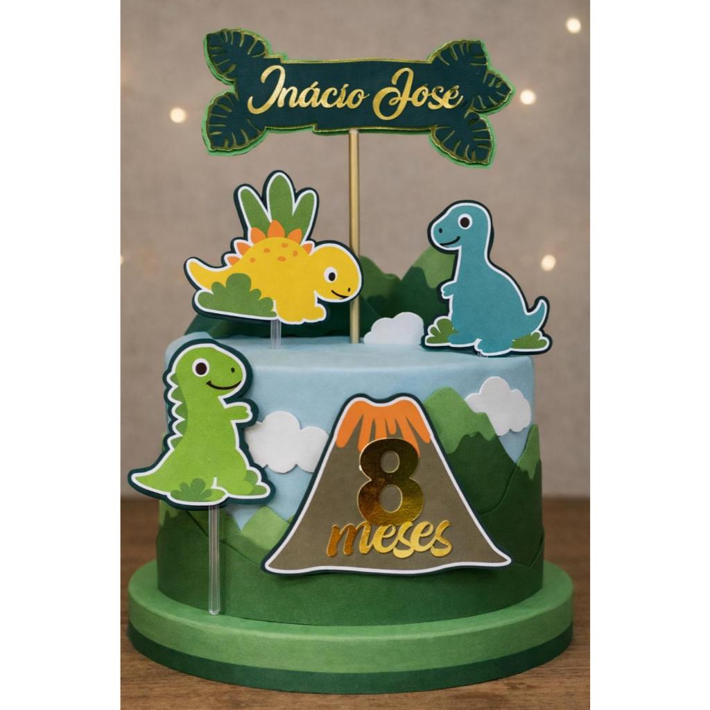 Topo de Bolo Dinossauro Baby Personalizado com Nome e Idade  Mesversário ou Aniversário