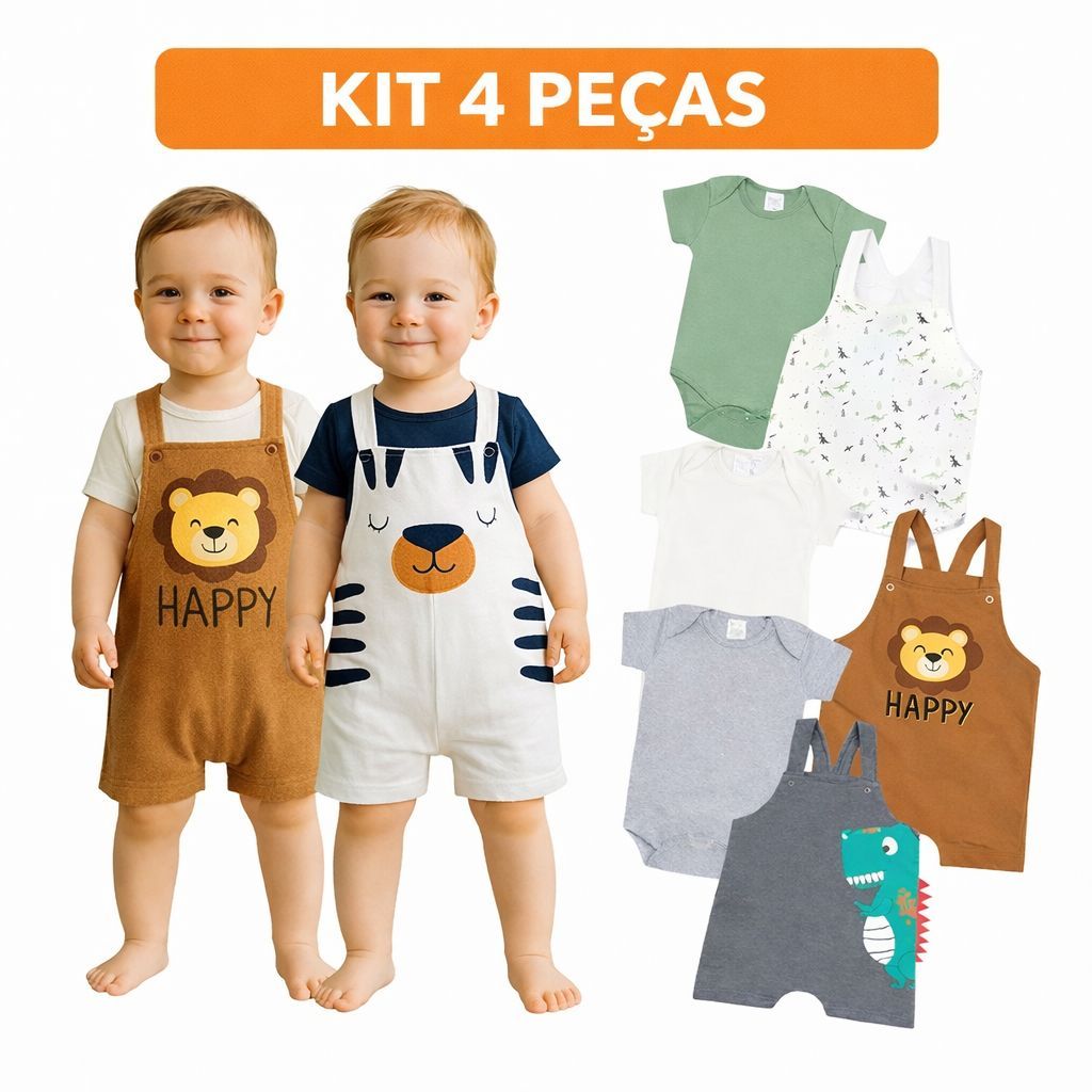 Kit 4 Peças Conjunto Jardineira Menino Manga Curta Sortido Roupa de Bebê Verão