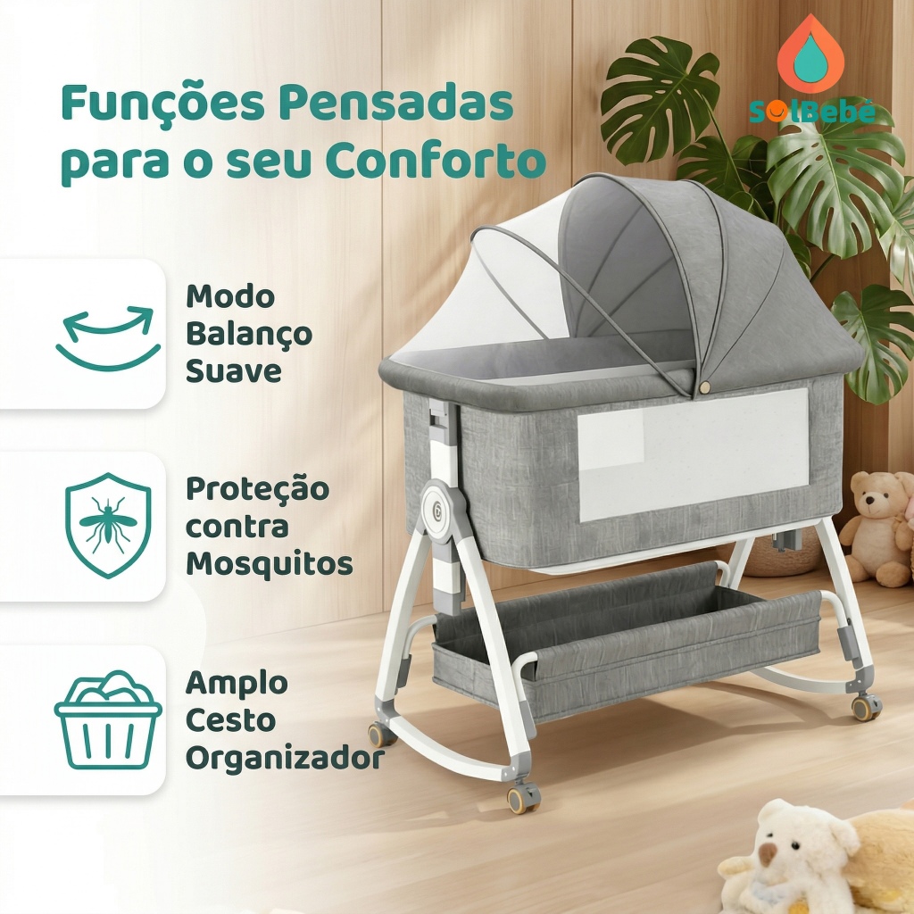 Berço Portátil Moises Co-bed Com Balanço Mosquiteiro e Cesto Regulagem De Altura