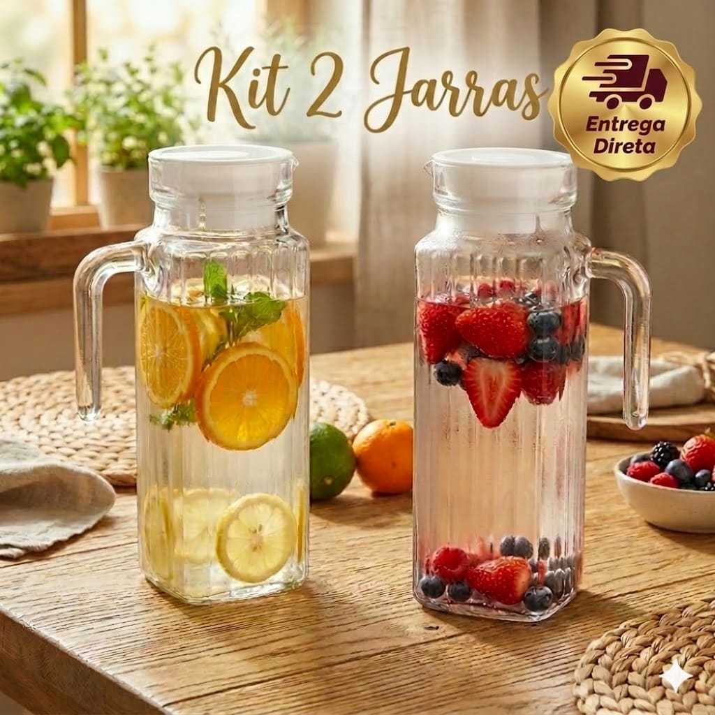 Kit 2 Jarras de Vidro Suiça 1L com Tampa Água Suco Vidro Resistente