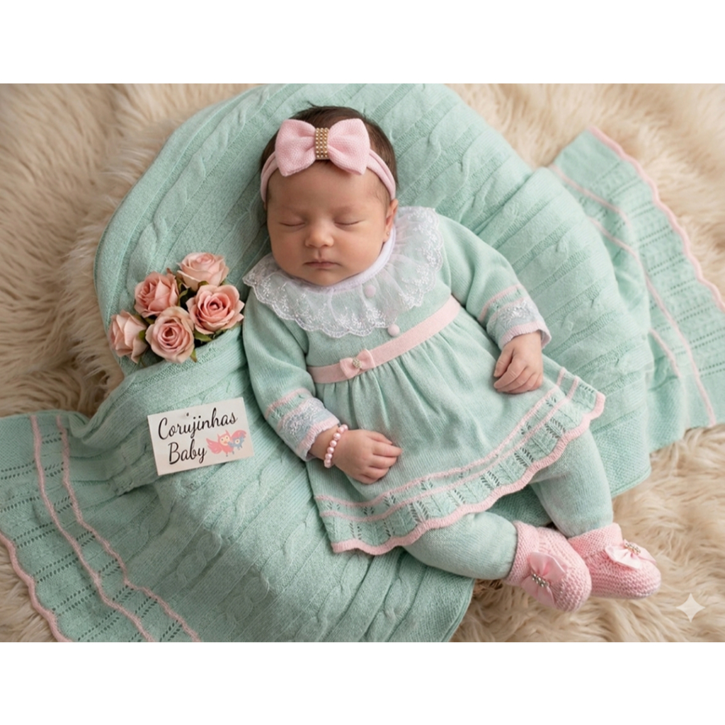 Saída de maternidade menina em tricô /tricot verde com rosa com vestido luxo feminina