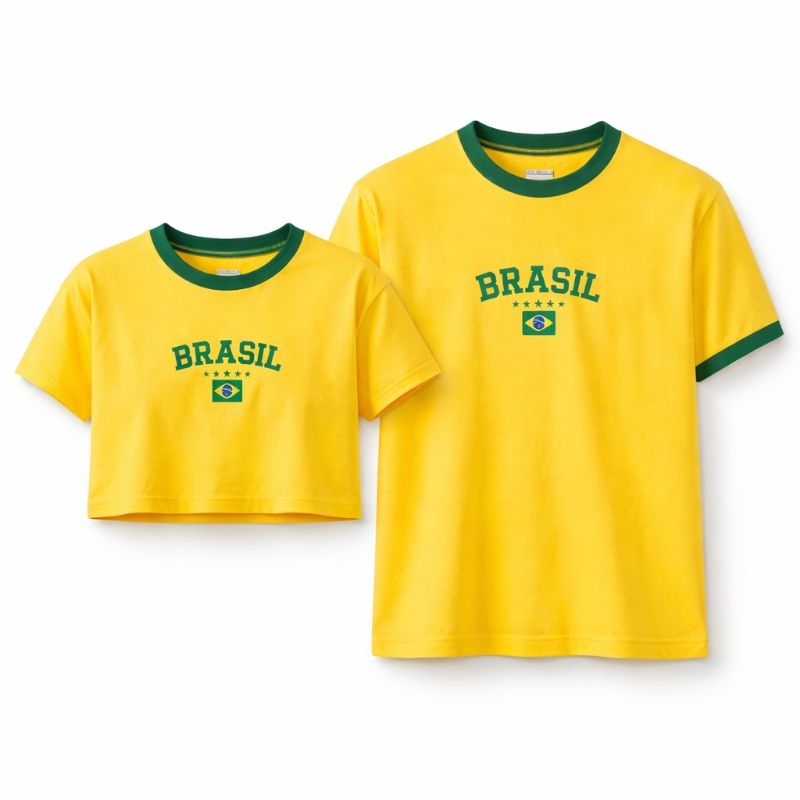 Kit Casal Brasil Camiseta + Cropped Amarelo Verde Copa do Mundo Look Casal Moda Unissex Presente Namorados 🇧🇷