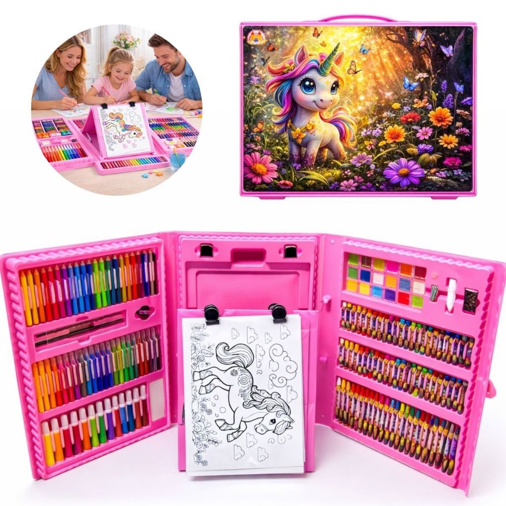Estojo 208 Peças Escolar Maleta Para Desenho Colorir Pintura Infantil Completa de Az e Colorir