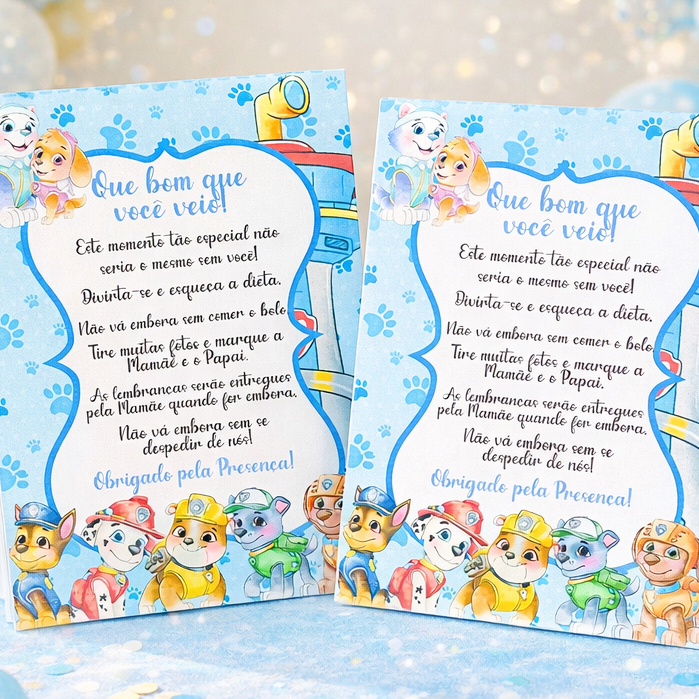 Plaquinha Centro de Mesa Patrulha Canina Aquarela Azul Decoração Personalizado para Aniversário Infantil