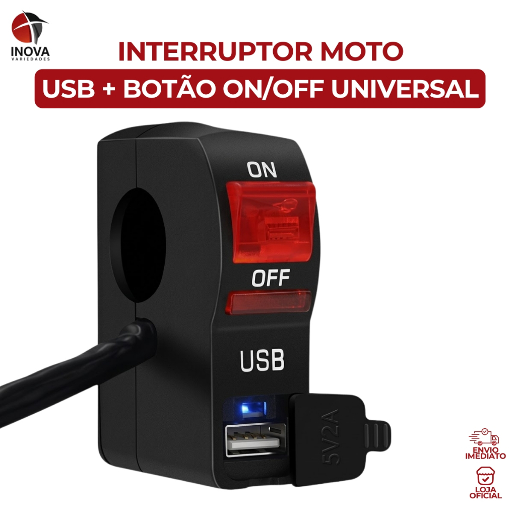Botão Interruptor USB 5V 2A Carregador de Celular Moto Liga e Desliga Motoboy