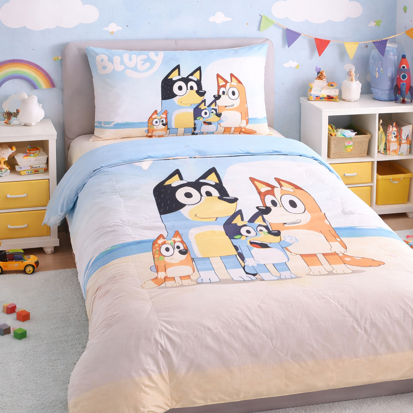 EDREDOM INFANTIL | 2 PEÇAS | PERSONAGEM BLUEY | SOLTEIRO | 1 FRONHA | 400 FIOS PREMIUM |