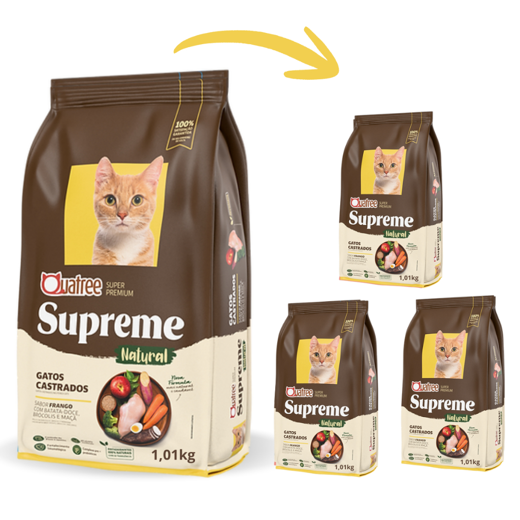Kit Ração Quatree Supreme Natural Super Premium Gato Castrado Frango 3 Pacotes 1Kg