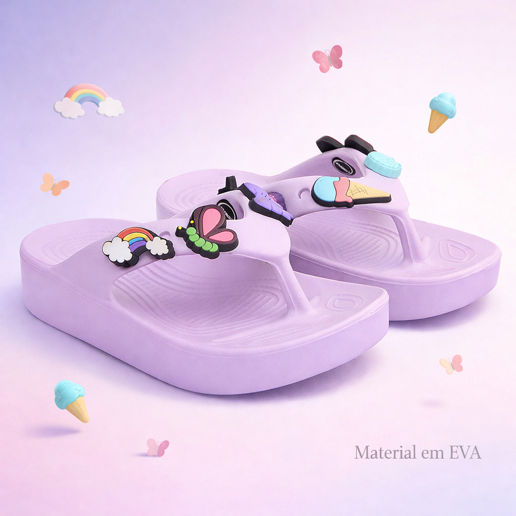 Chinelo infantil menina feminino super leve EVA com bottons removíveis macio confortável lançamento