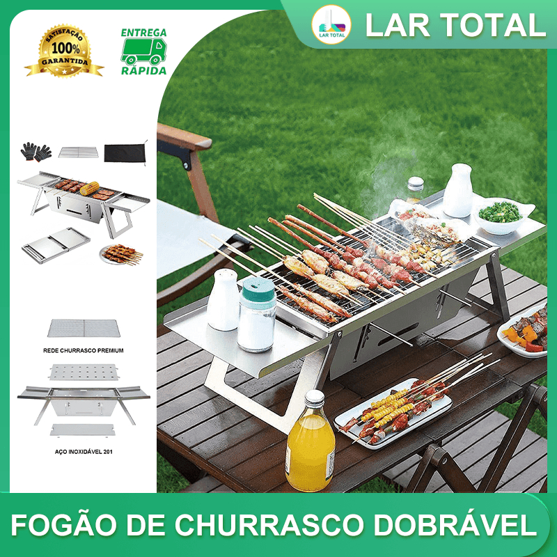 Fogareiro de Churrasco Dobrável Portátil Aço Inoxidável com Grelha - Churrasqueiras 3 vel. de fogo