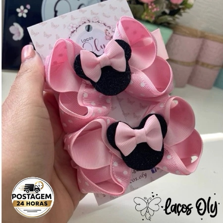Par de Laços Infantil Minnie Rosa Luxo Menina Presilha Bico  Pato Resistente Acessório  Blogueirinha