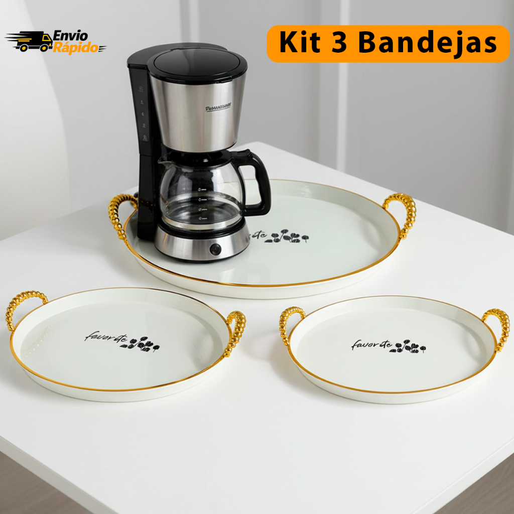 Kit jogo 3 Bandeja Luxo Decorativa com alças Borda Dourada Redonda Multiuso Banheiro Lavabo Cantinho do Café