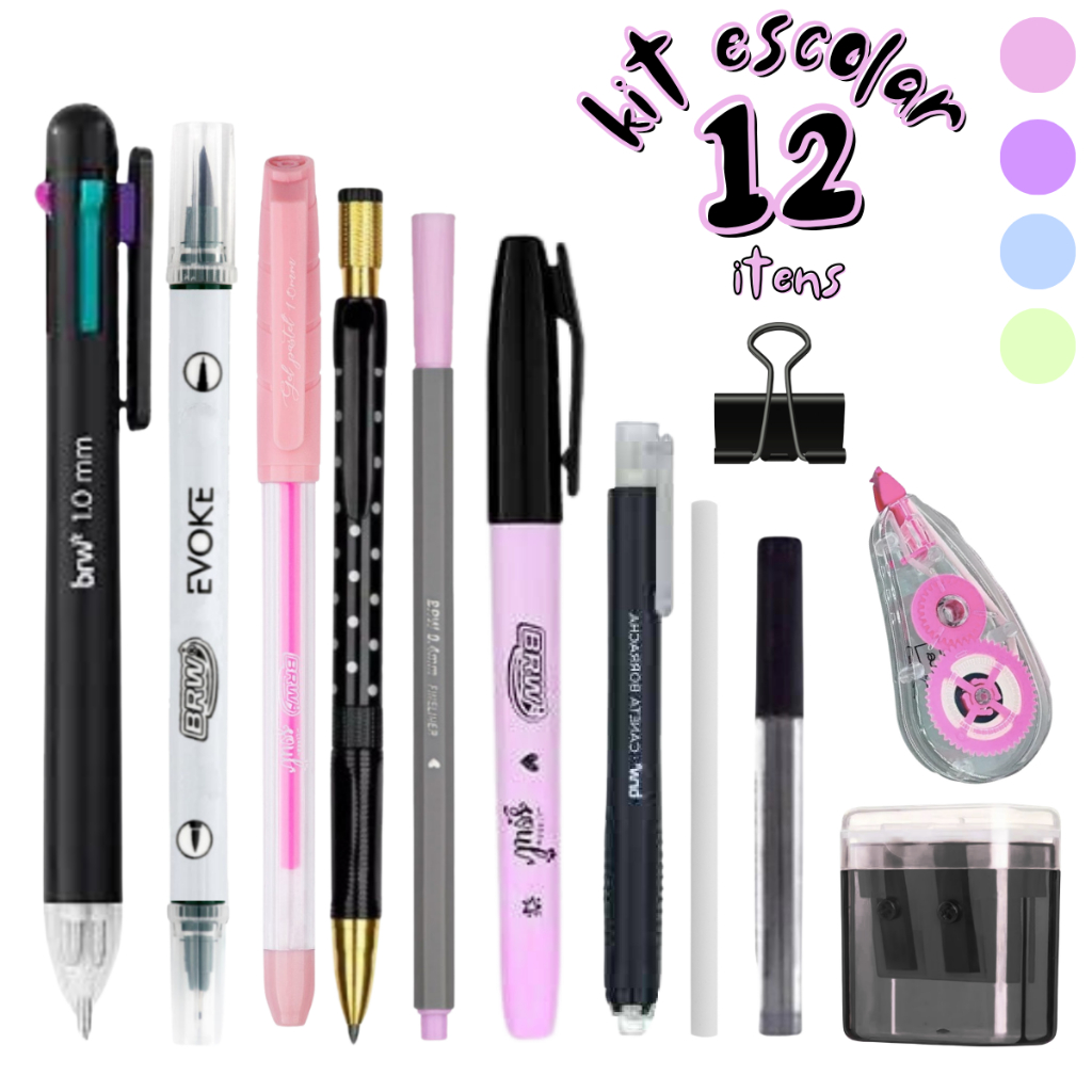 Kit Caneta 4 Cores Brush Pen Fineliner Lapiseira Grafites Corretivo Borracha Apontador Corretivo em Oferta na Shopee