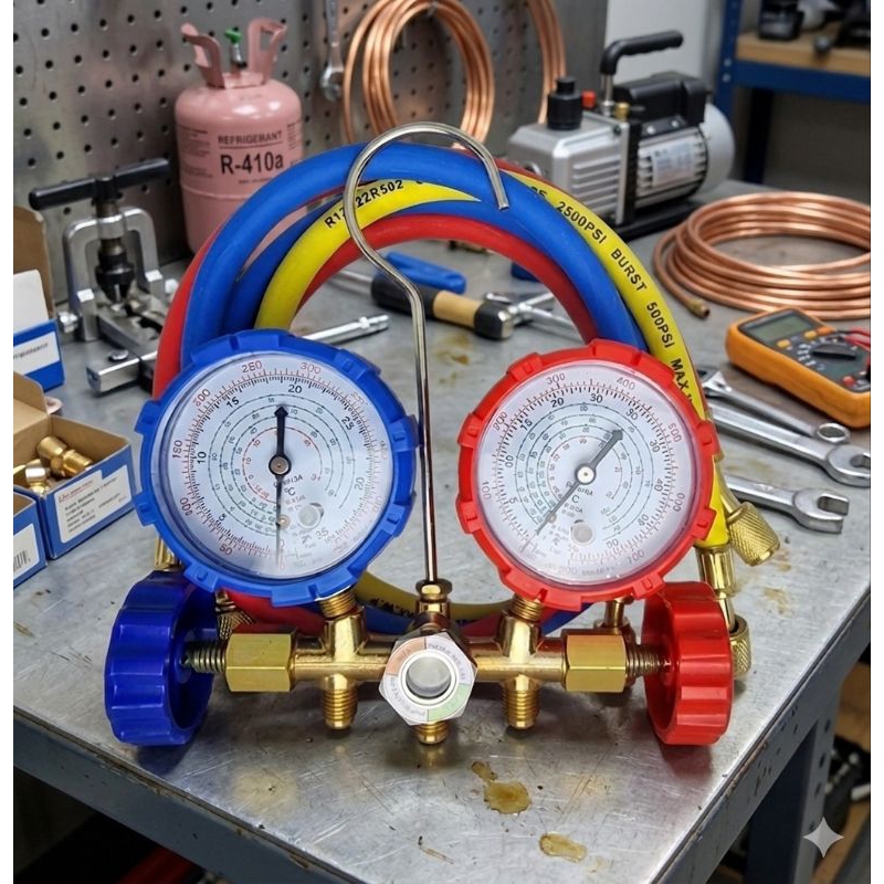Manifold Analógico Completo com Mangueiras 90cm e Gancho - R134a R22 R410a R404a