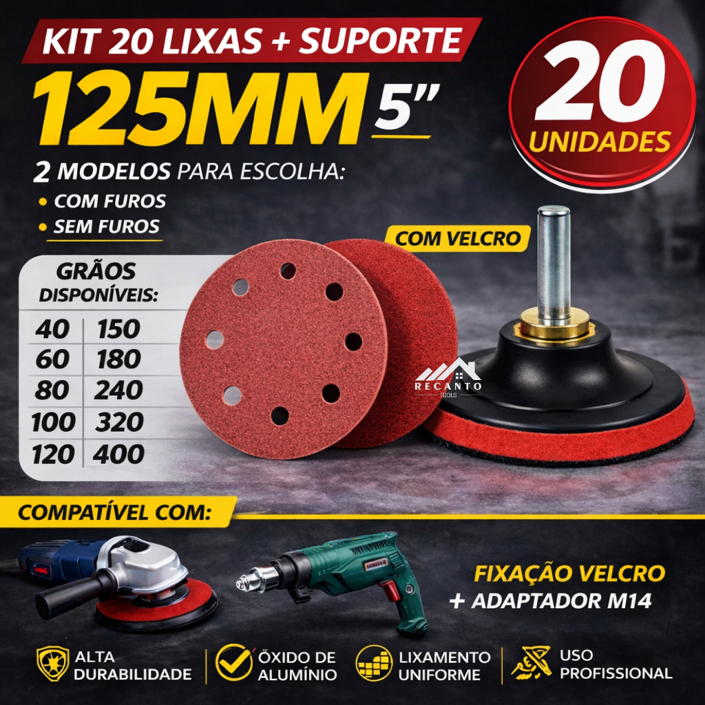 Kit 20 Discos Lixa 125mm + Suporte De Boina Furadeira Lixadeira Adaptador M14 com Velcro em Oferta na Shopee