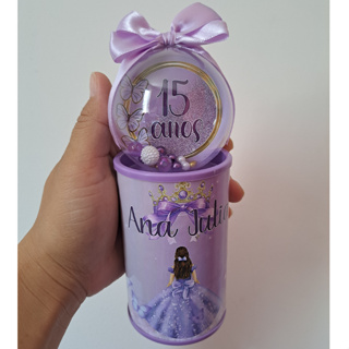 Cofrinho Personalizado 15 anos lilás + Esfera com Tag + Laço. Lembrancinha de Festa em Oferta na Shopee