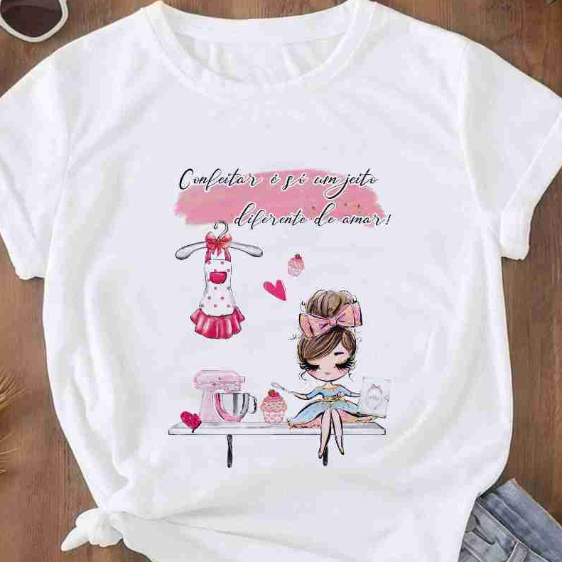 Camiseta blusa feminina estampa menina profissão confeiteira - does - Uniforme confeitaria avental
