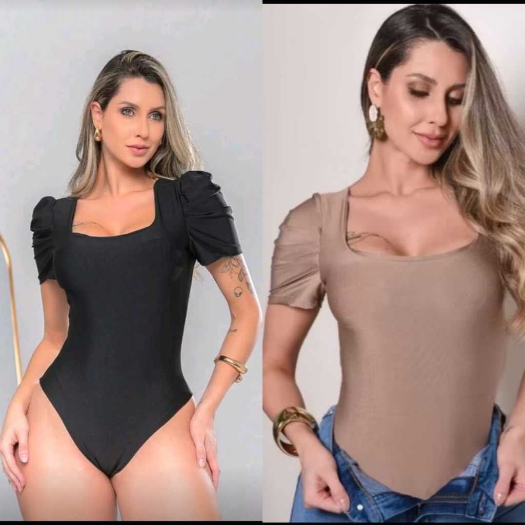 Body Feminino Elegante Manga Bufante Decote Quadrado Justo Modelador Moda Fashion Casual Tendência