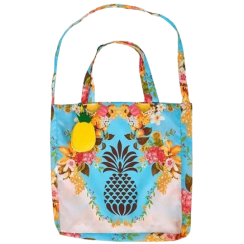 ORIGINAL! Sacolinha Bolsinha Farm Estampada Azul Frutas Com Chaveiro Abacaxi Amarelo
