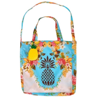 ORIGINAL! Sacolinha Bolsinha Farm Estampada Azul Frutas Com Chaveiro Abacaxi Amarelo