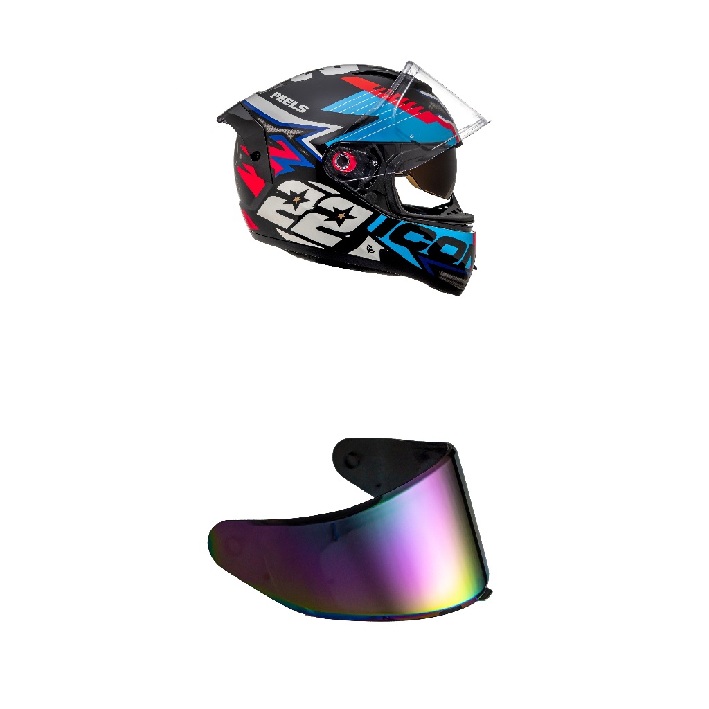 Capacete Moto Fechado Marca Peels - Icon RT Preto Brilho c/ Azul Com Óculos Interno + Viseira Camaleão Extra