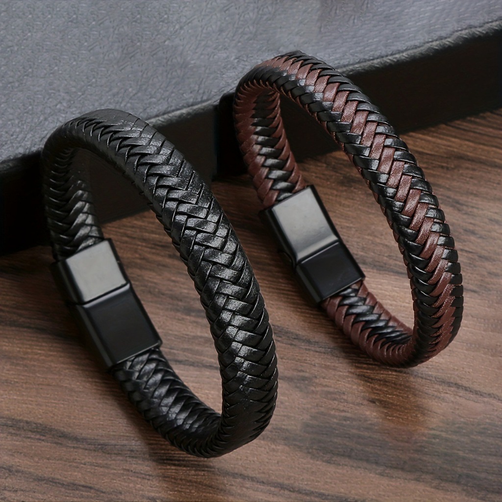 Pulseira de couro trançada masculina com fecho magnético e cordão de couro, pulseira de aço e titânio