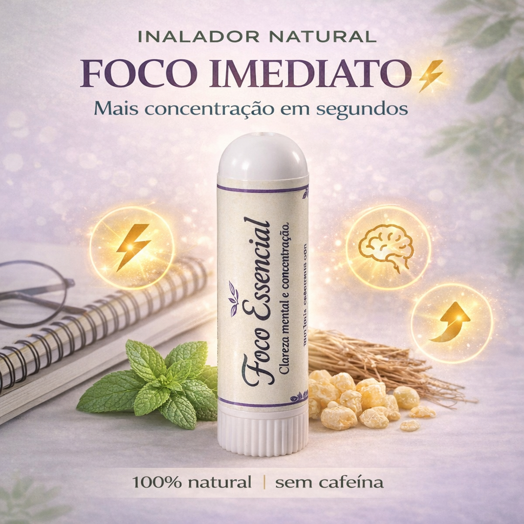 Inalador Foco e Concentração Natural | TDAH l Aromaterapia Produtividade Clareza Mental | Hortelã Olíbano Vetiver Cedro