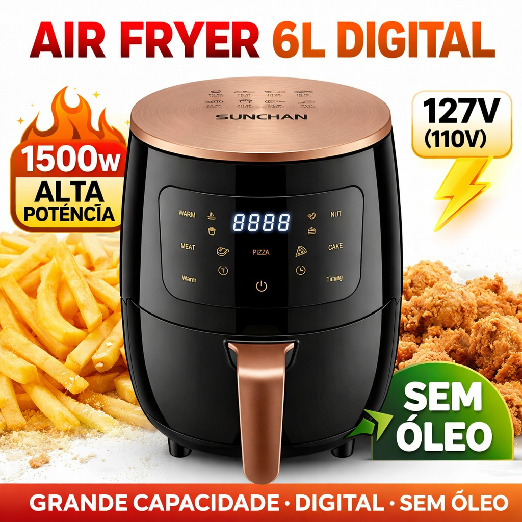 Fritadeira Air Fryer 6L Digital 1500W Sem Óleo 110V Grande
