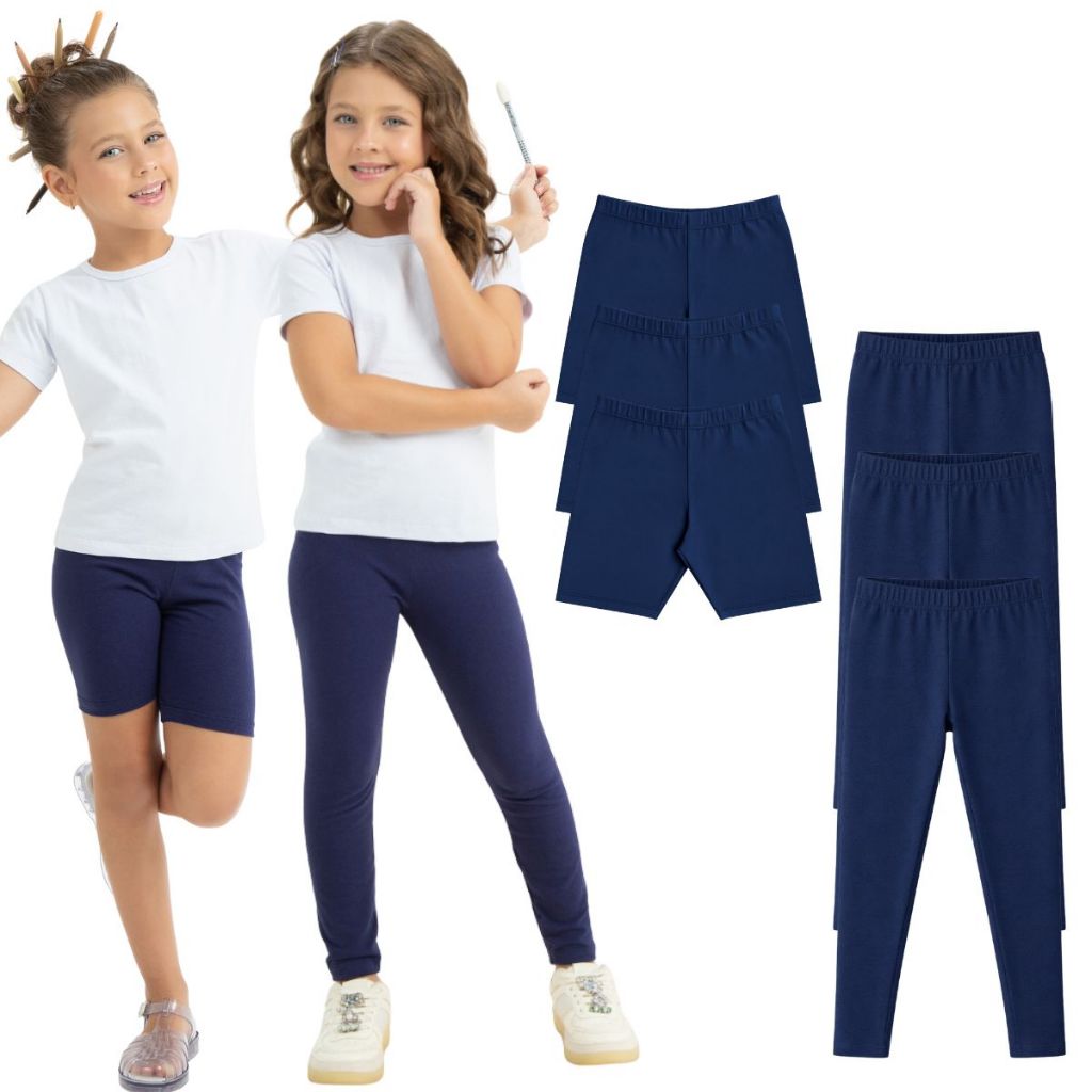 Kit 6 Peças Calça Bermuda Legging Cotton Uniforme Escolar Infantil Menina Tamanho 1 ao 16