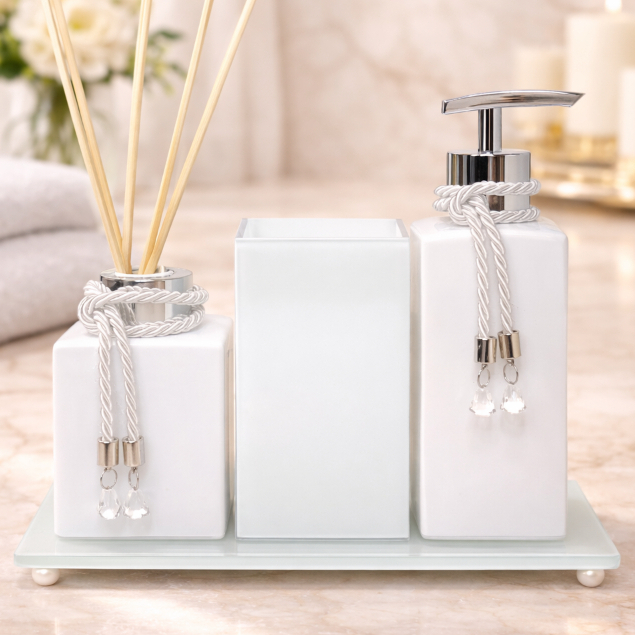 Kit Lavabo Vidro Branco Luxo com Porta Escova Saboneteira Aromatizador Bandeja