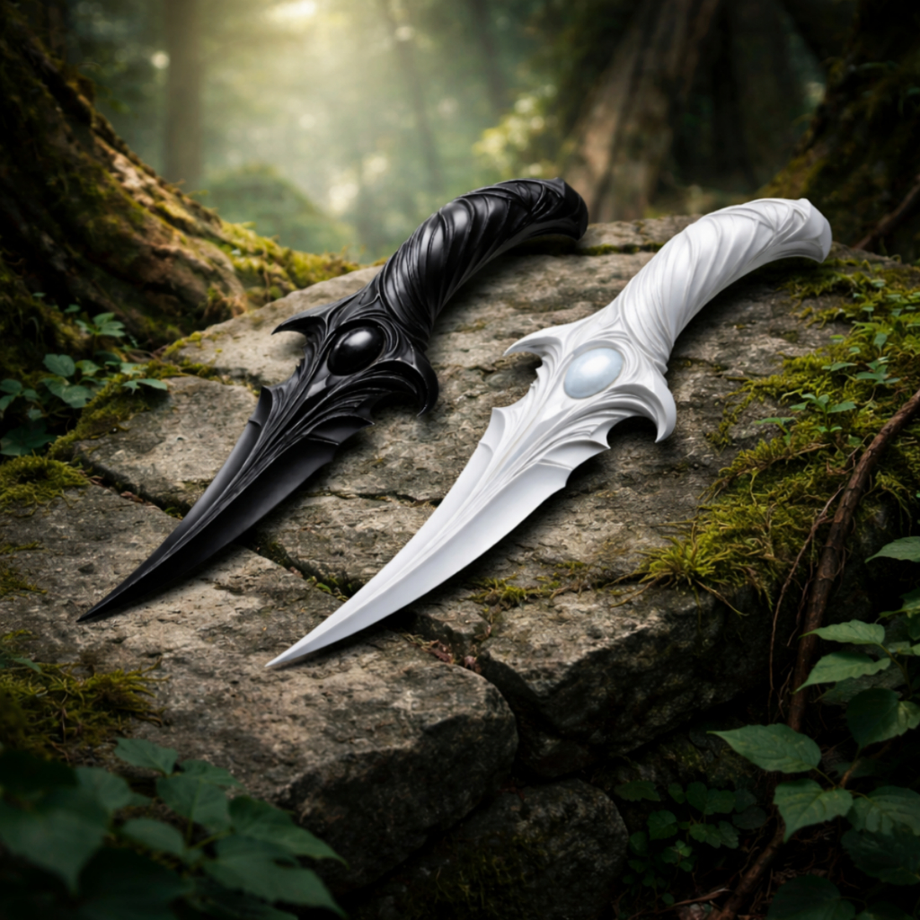 kit 2 Adaga Fantasia Cosplay Decorativa em Preto e Branco Tamanho Pequena 17cm ou Grande 27cm