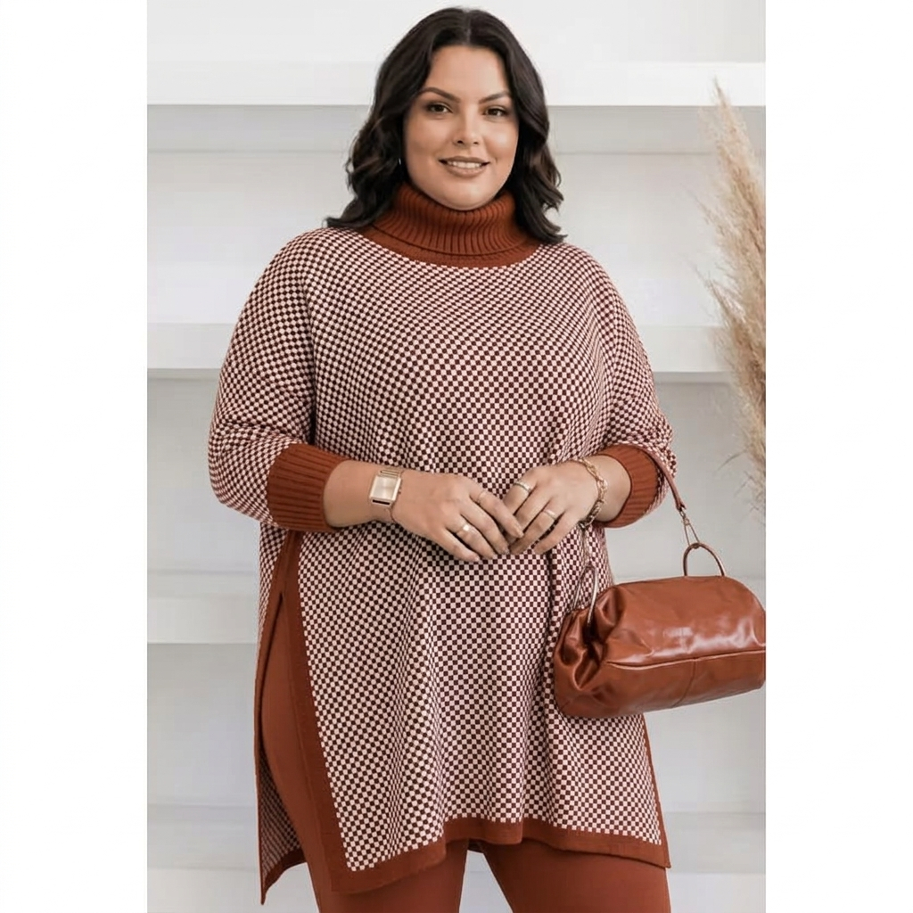 Poncho xadrez blusa de tricô plus size G/GG/G1