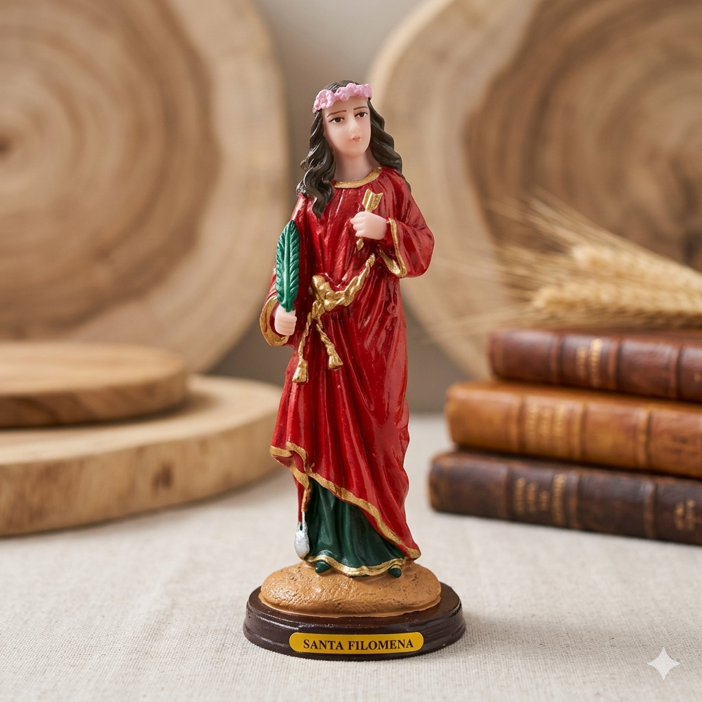 Imagem Santa Filomena 15cm Resina Pintada à Mão Estatueta Religiosa Altar Presente Católico Artesanal