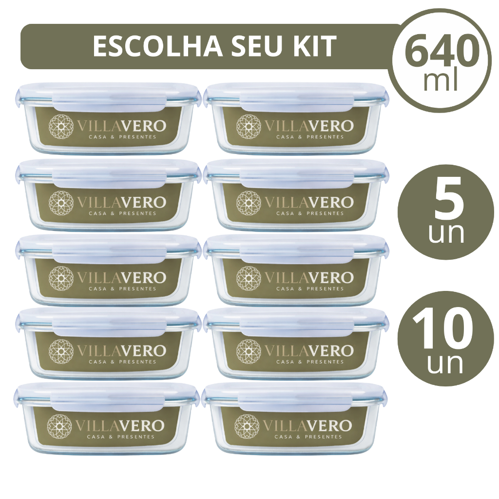 Conjunto 10 Potes Vidro Hermético Marmita 640ml Mantimento Fitness Dieta Vai Geladeira Microondas