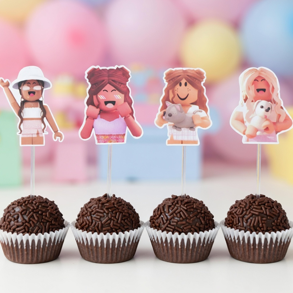 50 Tags Topper Docinho Cupcake Roblox Rosa Festa Infantil Enfeite Mesa