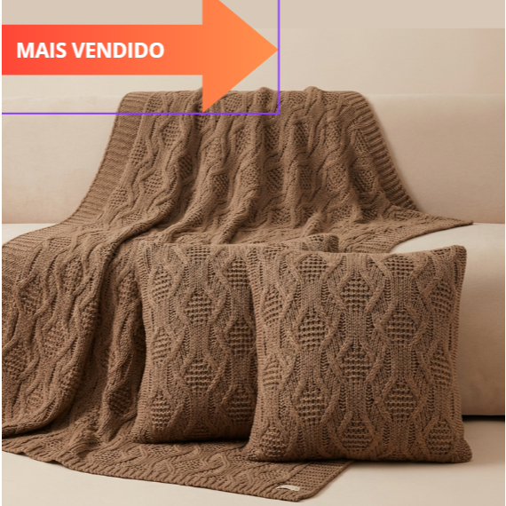 Kit Manta de Tricô Grosso com + 2 Capas de Almofadas Sofá Poltrona Cobertor Cama 120x150cm Usufruto Decorativa Sala  G05