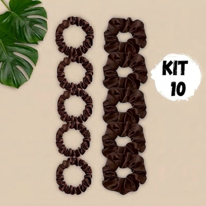 Kit 10 xuxinhas de cetim, scrunchie de cabelo, xuxa, gominha, anti-frizz, preta, marrom,