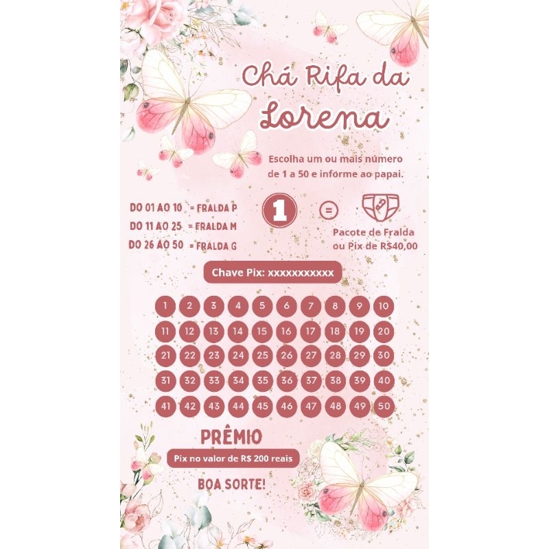 Convite Chá fraldas/Chá Rifa Cartela com números + lista de participantes. Tema Borboletas