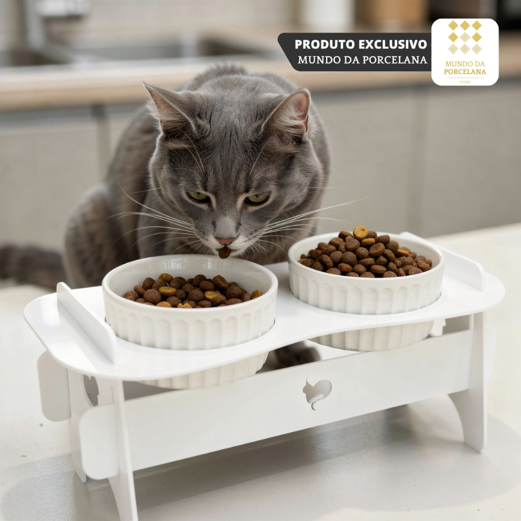 Comedouro Bebedouro Porcelana 190ml Tigela Pet Suporte Acrilico Gato Cachorro