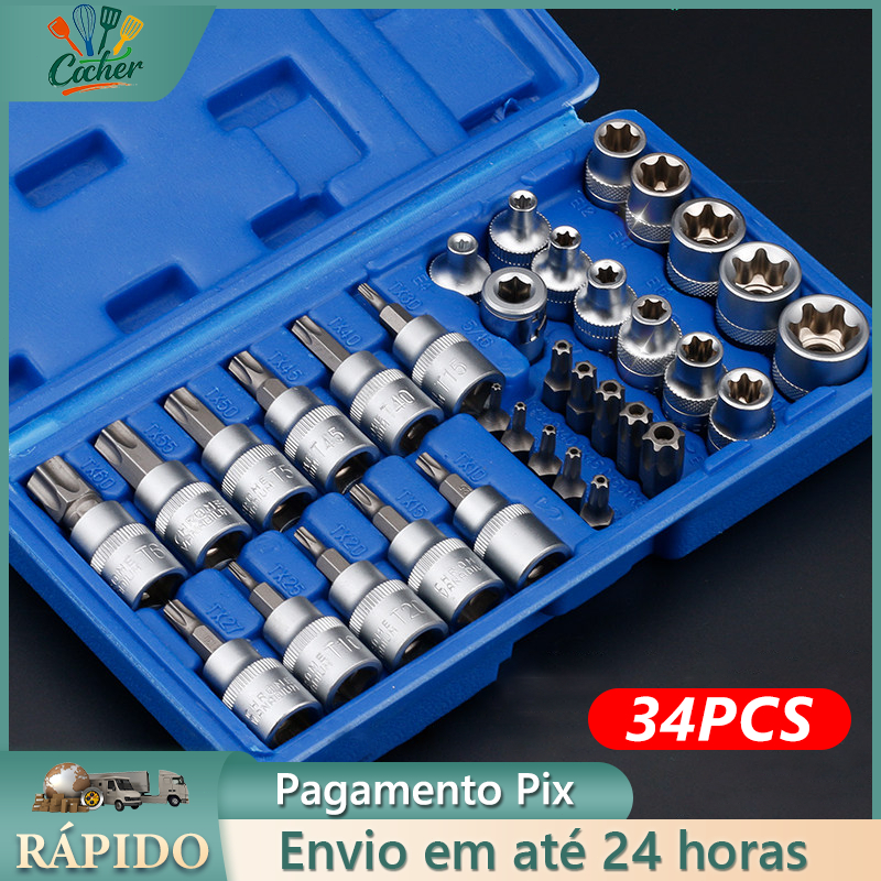 Kit 34 Peças Soquetes aço cromo vanádio Macho Femea 3/8 com Azul caixa Ferramenta