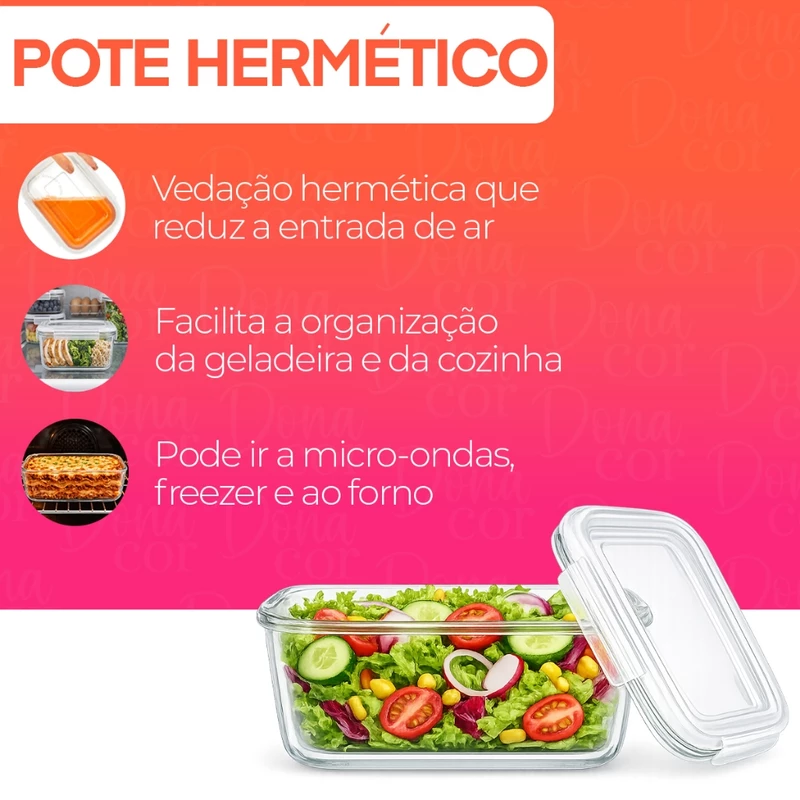 Kit Potes de Vidro Hermético para Marmita Fit com Tampa e 4 Travas — foto 2