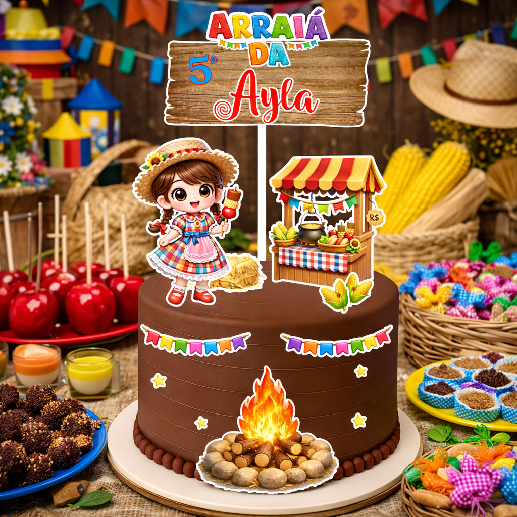 Topo de Bolo Arraiá | Festa Junina | Topper para Bolo | Personalizado com nome e idade | Festa Junina | Arraiá