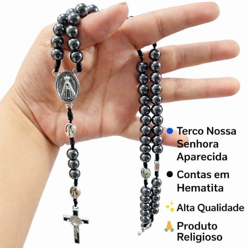 Terço Nossa Senhora Aparecida Hematita e medalhas Aparecida e São Cristóvão