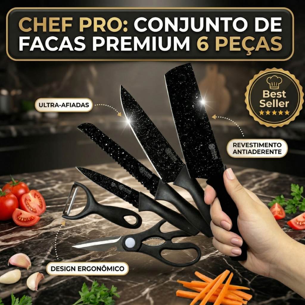 Imagem Jogo De Facas Faqueiro Inox Faca Preta 6 Peças Profissional Luxo Conjunto facas Cutelo Kit Churrasco