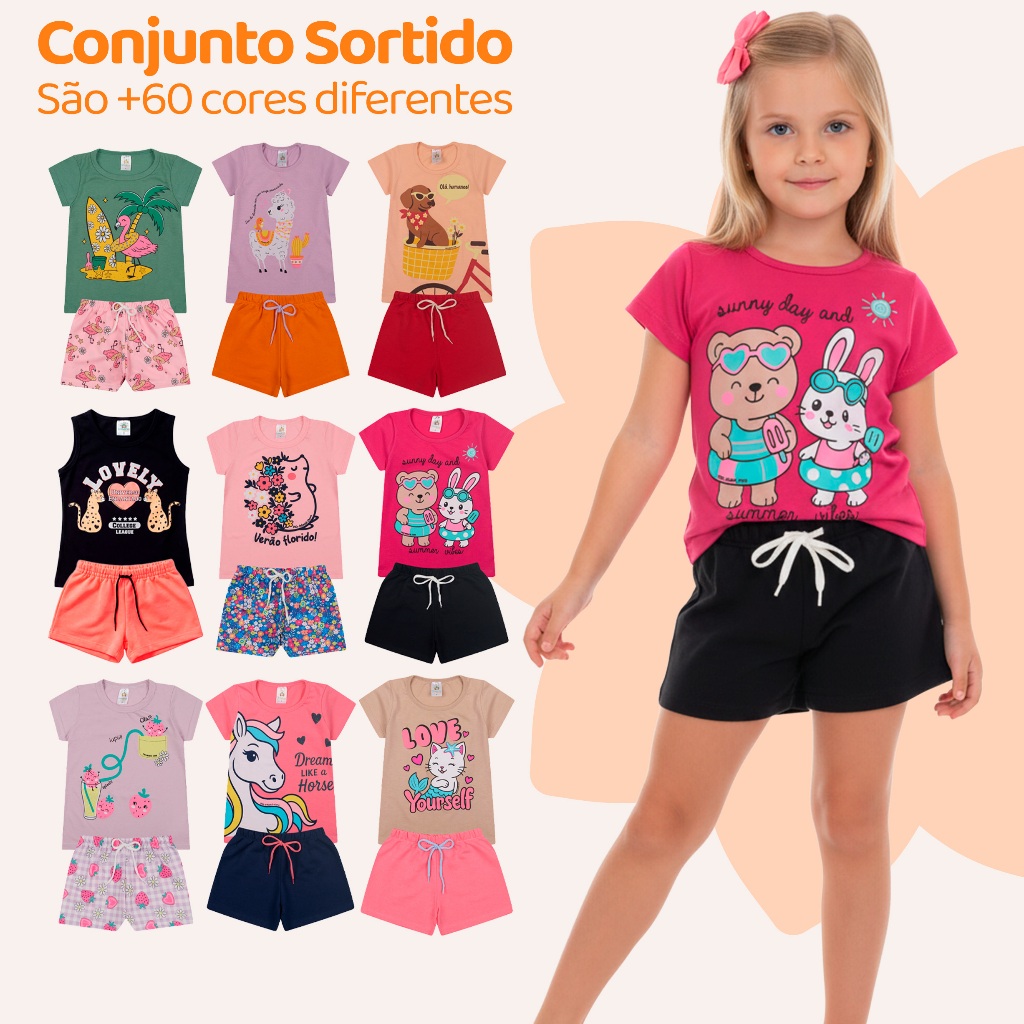 Kit Sortido 4, 10 ou 20 Peças de Roupas Menina Conjunto Verão Conjunto Infantil feminino Tamanho 1 ao 10