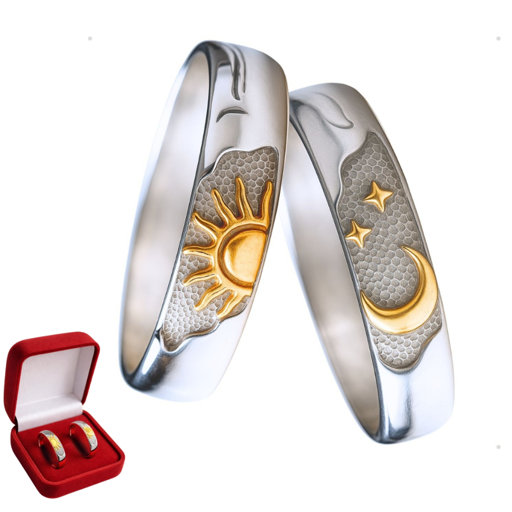 Par de Aliança Casal Banhada Prata 925 Sol E Lua Ouro 18k com caixinha