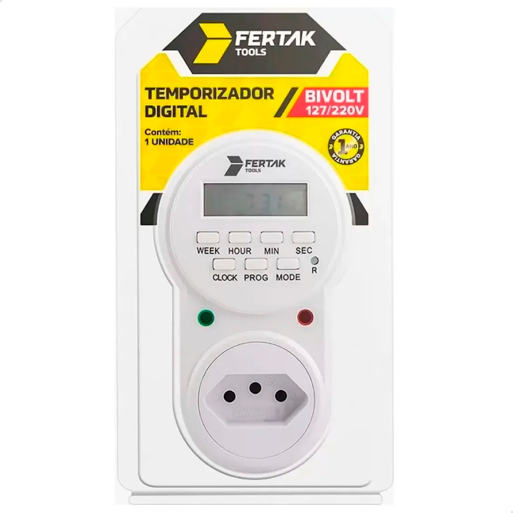 Temporizador Timer Digital Programável Bivolt 60Hz Fertak 20 Programações 10A